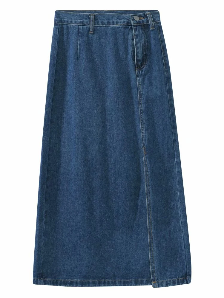 Saia jeans fina de verão feminina vintage com fenda, leve e arejada, ideal para looks frescos e confortáveis nos dias quentes. — foto 6