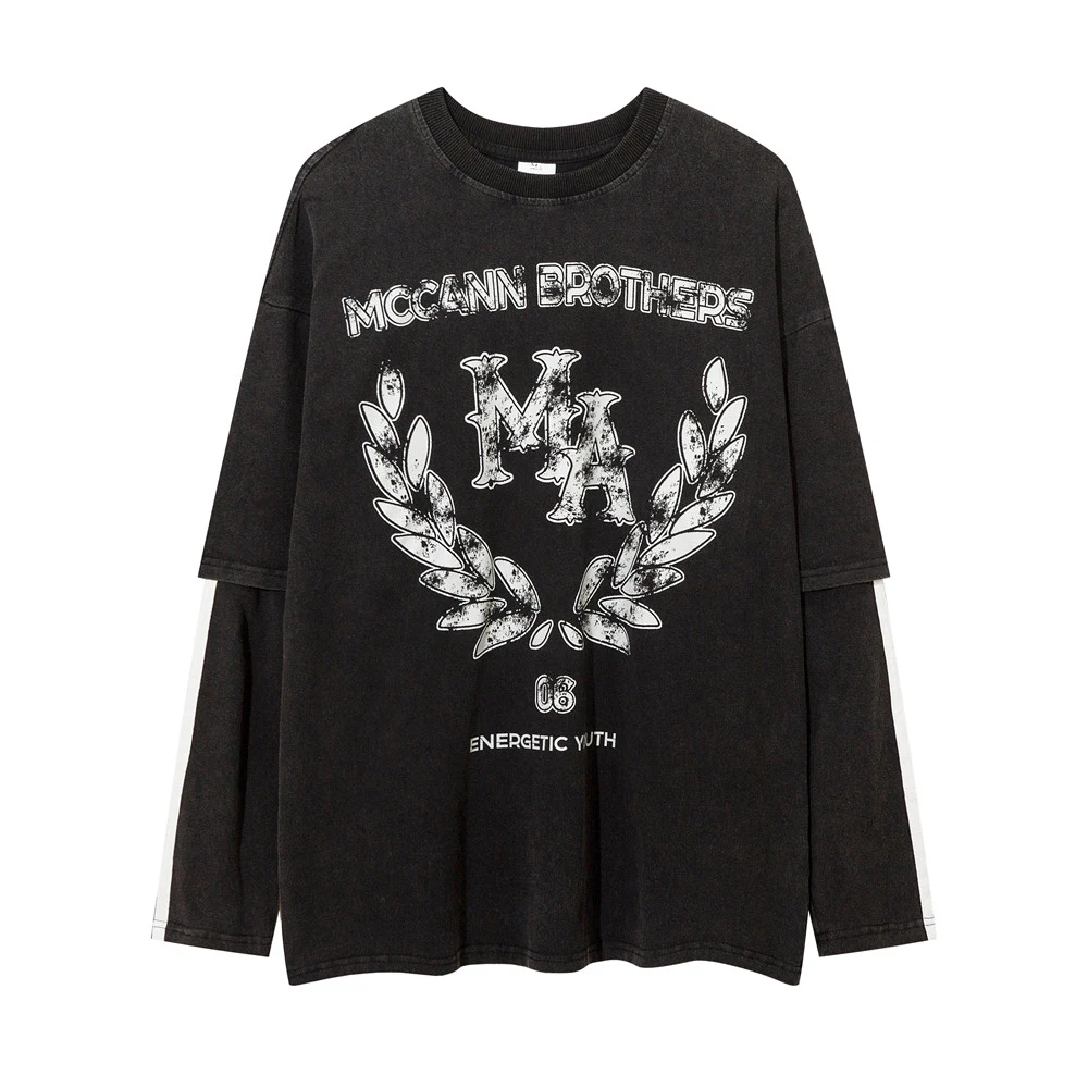 Camiseta de manga longa com estampa de letras de moda de rua americana, lavada, ideal para um visual casual e moderno. — foto 9