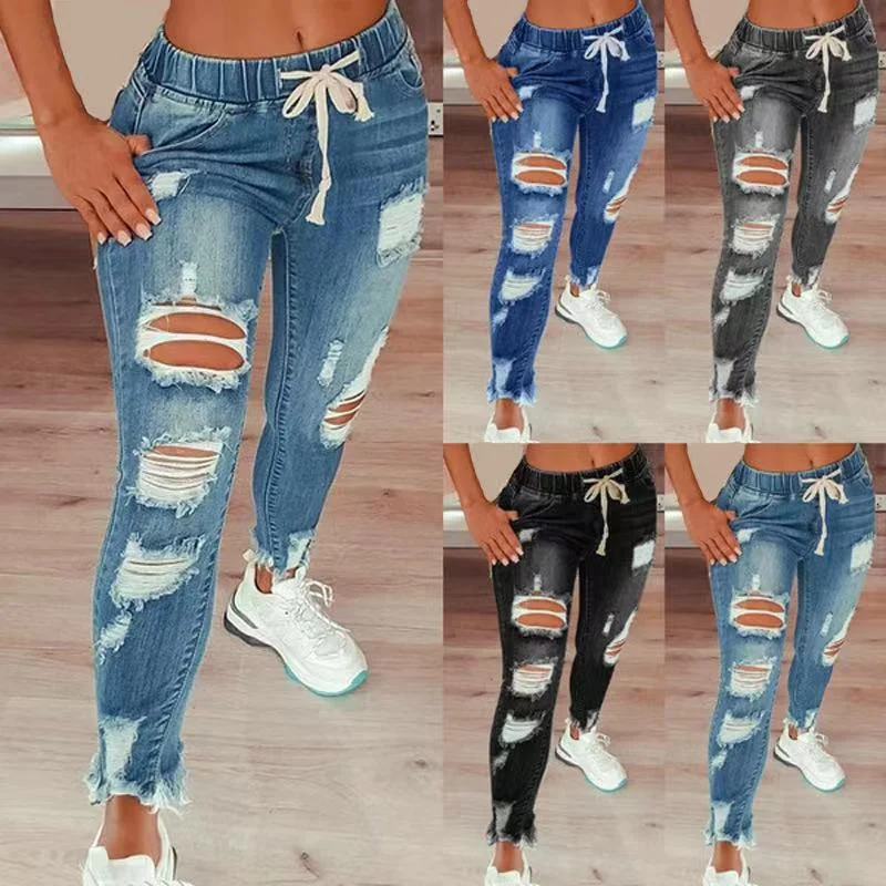 Jeans de mujer de cintura alta con rotos, cintura elástica y cordón, pantalones cómodos y modernos para un look casual y a la moda. — foto 1