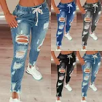 Jeans de mujer de cintura alta con rotos, cintura elástica y cordón, pantalones cómodos y modernos para un look casual y a la moda. — foto 1