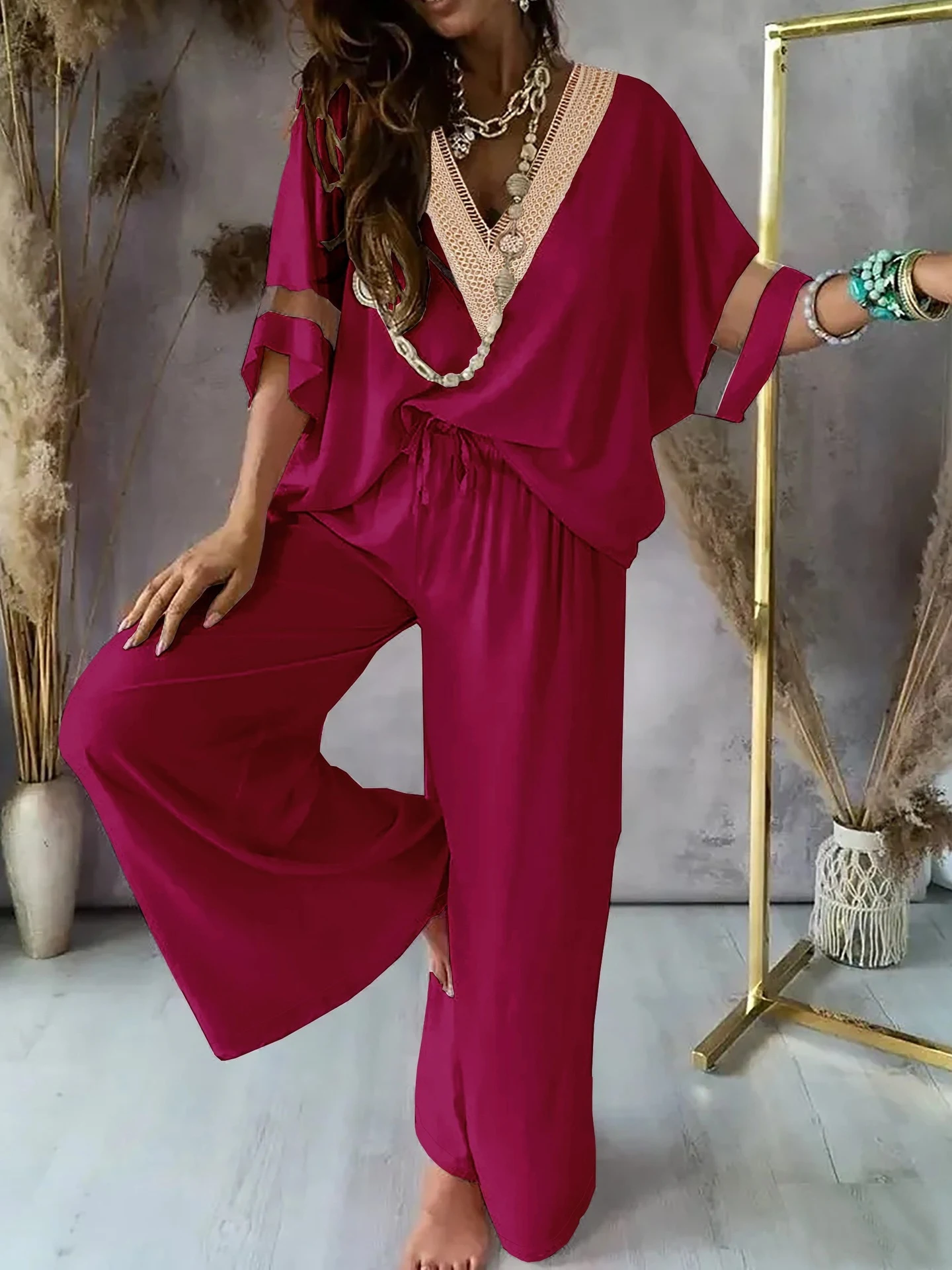 Dames Retro Casual Fashion tweedelige set, effen kleur en V-hals, wijde pijpen broek DKF256. Stijlvol en comfortabel, perfect voor een casual en modieuze uitstraling. — foto 9