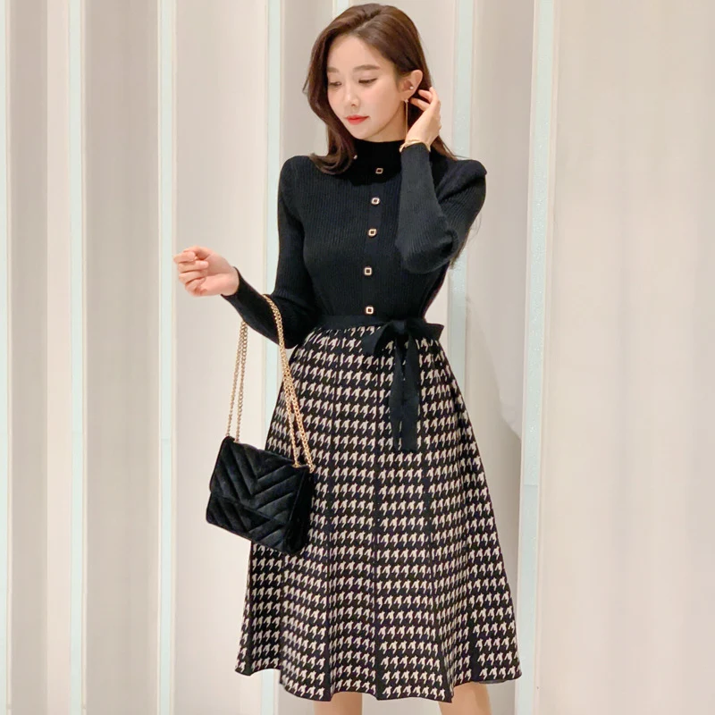 Title 4, Temperament Lace-Up Waist Houndstooth Knitted L...