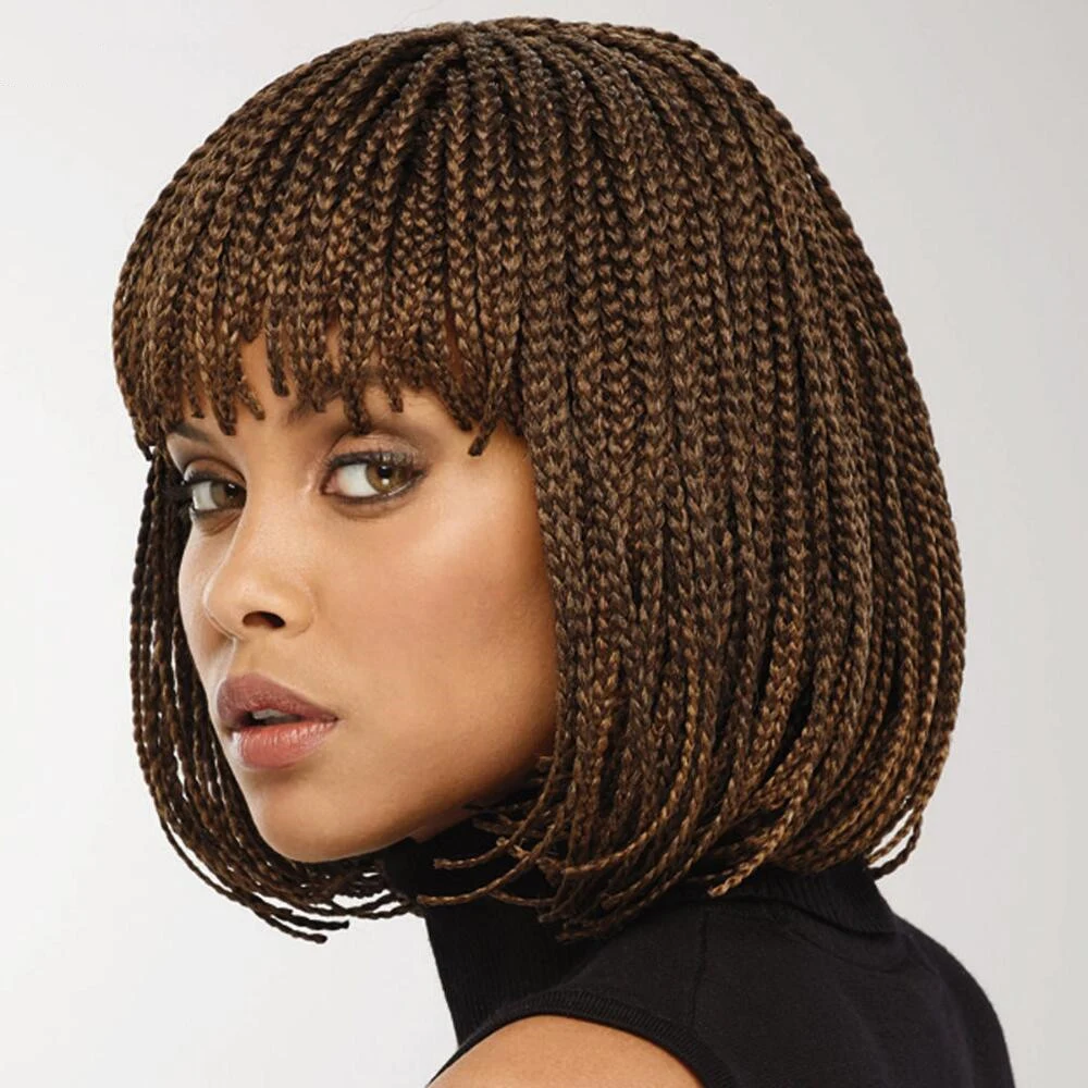 Peruca Feminina de Cabelo Curto com Tranças e Ondas, Cobertura Total de Fibra Química — foto 1