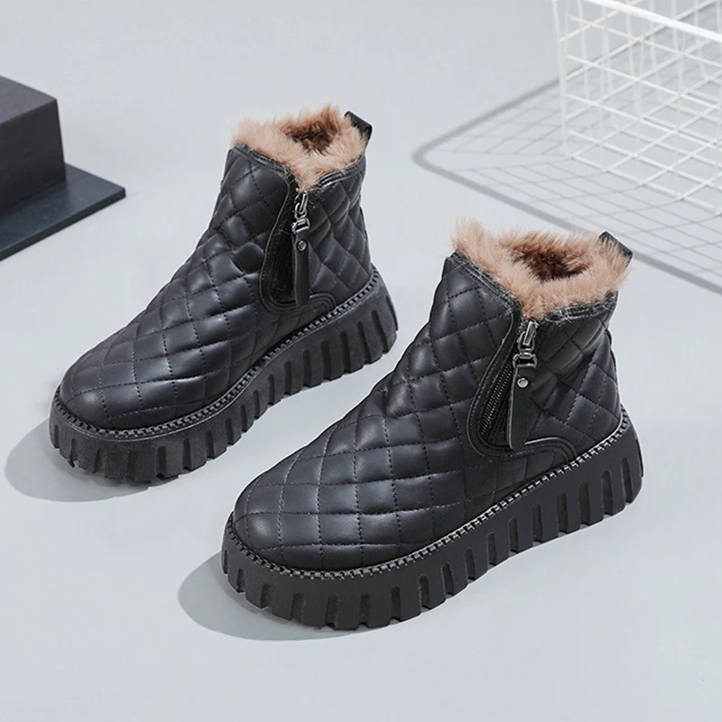 Women's Plaid Platform Ankle Boots, Casual Side Zip, Plush Lined Snow Boots, Winter Comfortable Short Boots for Everyday — photo 14
