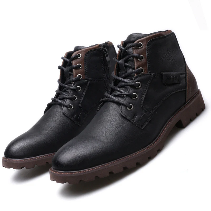 Botas masculinas de inverno com cadarço Calçados de couro Sapatos para manter os pés aquecidos e elegantes no inverno, duráveis e confortáveis. — foto 2