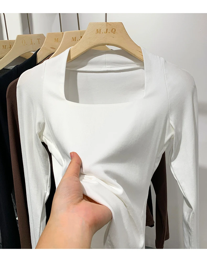 Collarbone Slim Top Solid Color Square Collar Long Sleeve T-shirt - Elegant and Flattering, Perfect for Everyday Wear, E — photo 5