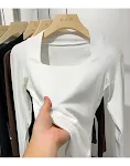 Collarbone Slim Top Solid Color Square Collar Long Sleeve T-shirt - Elegant and Flattering, Perfect for Everyday Wear, E — photo 5