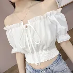 Women's High Waist Short Top with One-line Neck, Strapless, and Sexy Puff Sleeves. Create a stylish and alluring look ef — photo 2