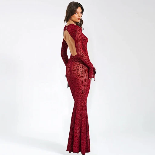 Title 2, Long Slim-fit Evening Dress with Line Mesh Flor...