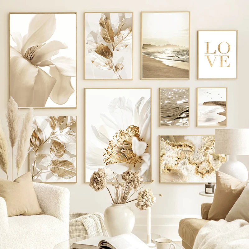 Pintura de Parede em Tela Moderna Nórdica com Folha de Ouro, Praia, Adicione Elegância e Sofisticação à sua Decoração, Ideal para Ambientes. — foto 12