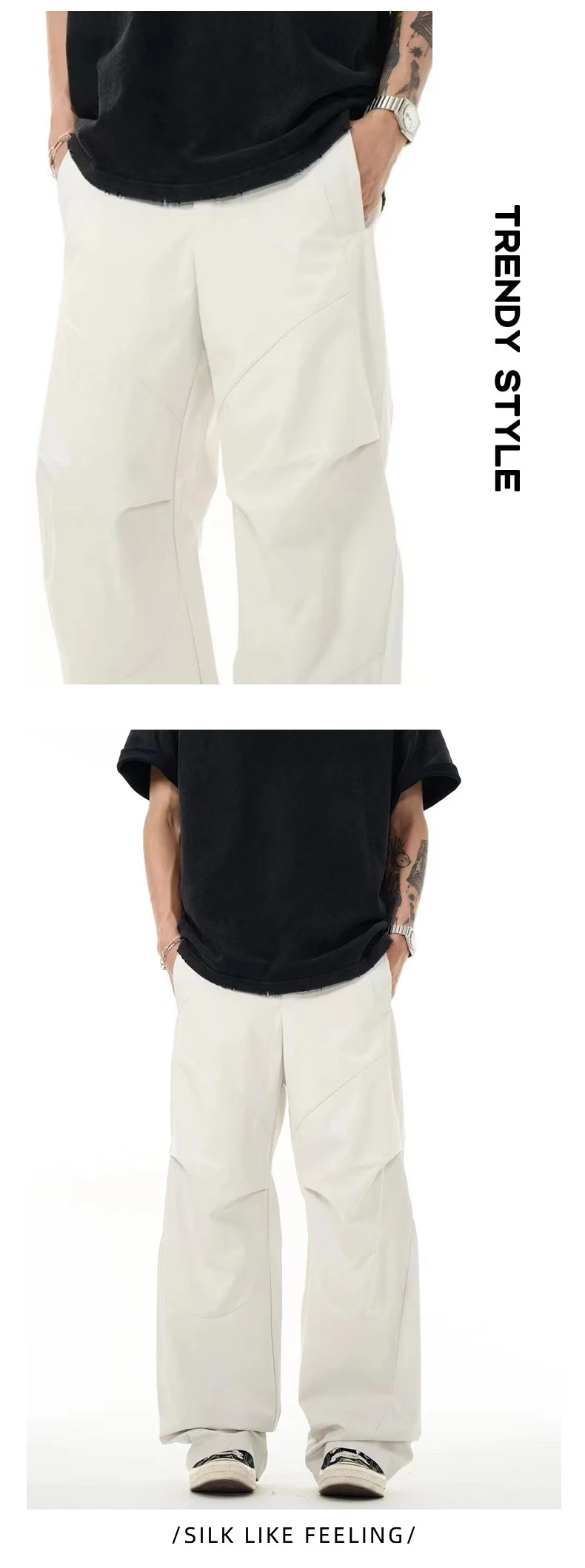 Title 6, White Casual Pants Mens Pleated Niche Design T...