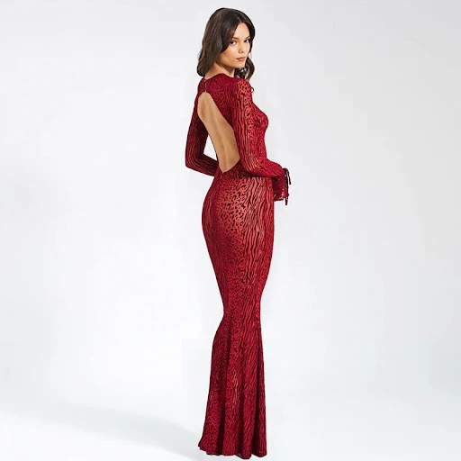 Title 5, Long Slim-fit Evening Dress with Line Mesh Flor...