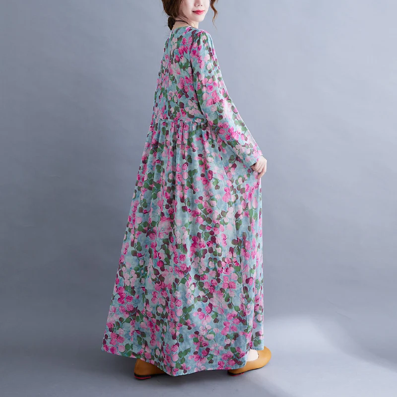 Artistic Retro Cotton And Linen Plus Size Printed Round-neck Long-sleeved Dress — photo 25