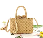 Bolsa feminina de praia, diagonal, portátil e moderna, com tassel de pérolas e palha trançada. Bolsa de papel trançado com três fios. — foto 1