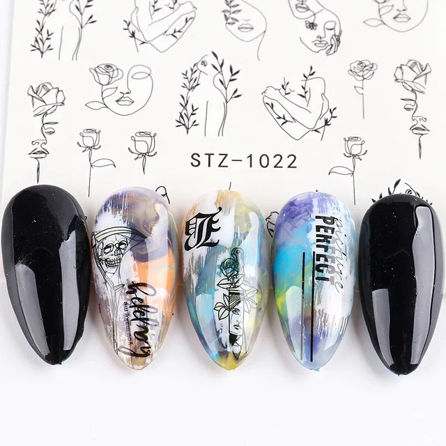 Adesivos de unha com design retro de rosto e linhas pretas, arte francesa, decalque de água, unhas estilosas e modernas. — foto 8