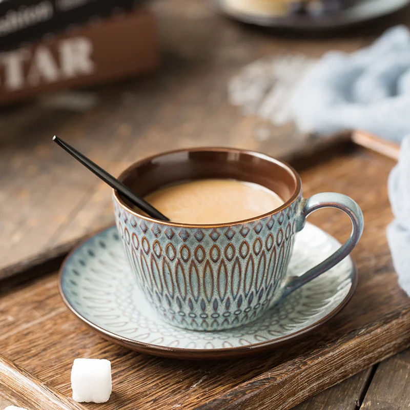 Embossed Ceramic Coffee Mug and Vintage Saucer, perfect for lattes, featuring a garland design, enjoy your coffee or tea — photo 8