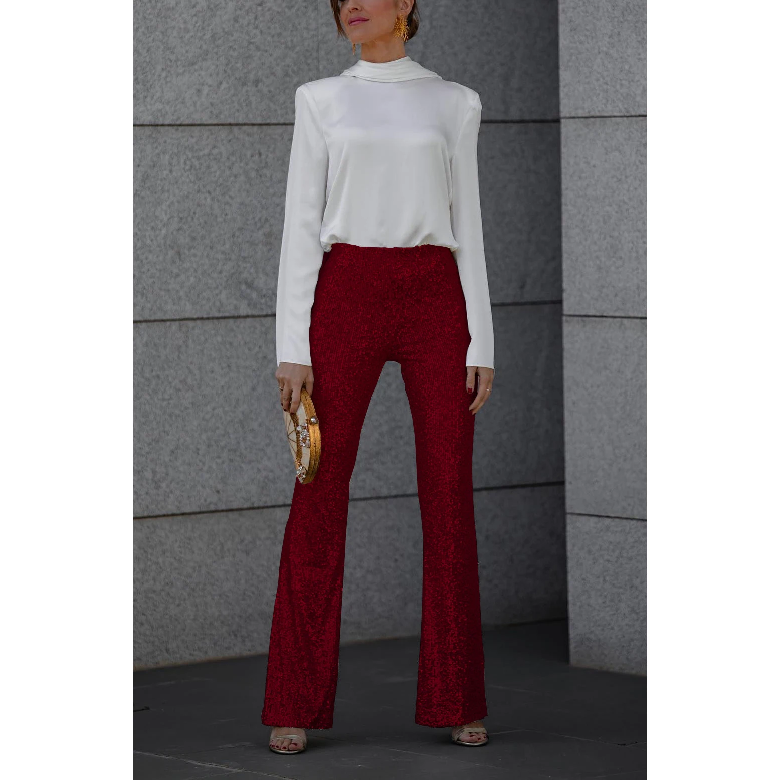 European and American sequin embellished elastic waist slim bell-bottom pants, offering a comfortable and stylish fit fo — photo 4