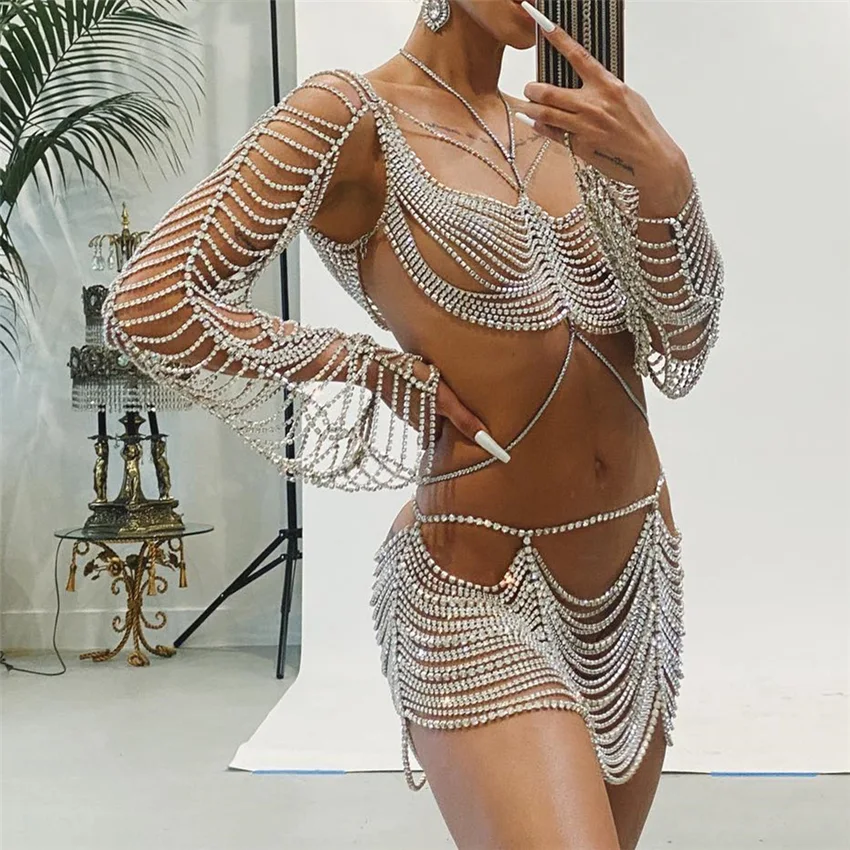 Body chain de strass multicamadas brilhante para balada, adicione brilho e glamour ao seu visual noturno. — foto 3