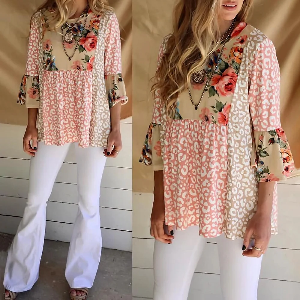 Title 5, Printed Patchwork Contrast Sleeve Loose Casual ...