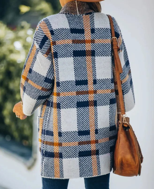 New Autumn And Winter Plaid Pocket Loose Cardigan Jacket — photo 1