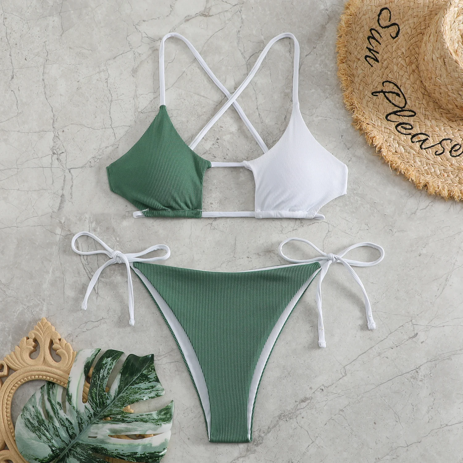 Title 4, Plain Rib Fabric High Waist Color Swimsuit