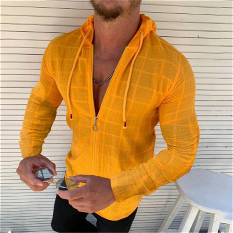 Camicia Casual Uomo Slim Manica Lunga con Cappuccio Cardigan, Perfetta per un Look Moderno e Casual, Comoda e Versatile, Ideale per Ogni Occasione e Abbinamento. — foto 7