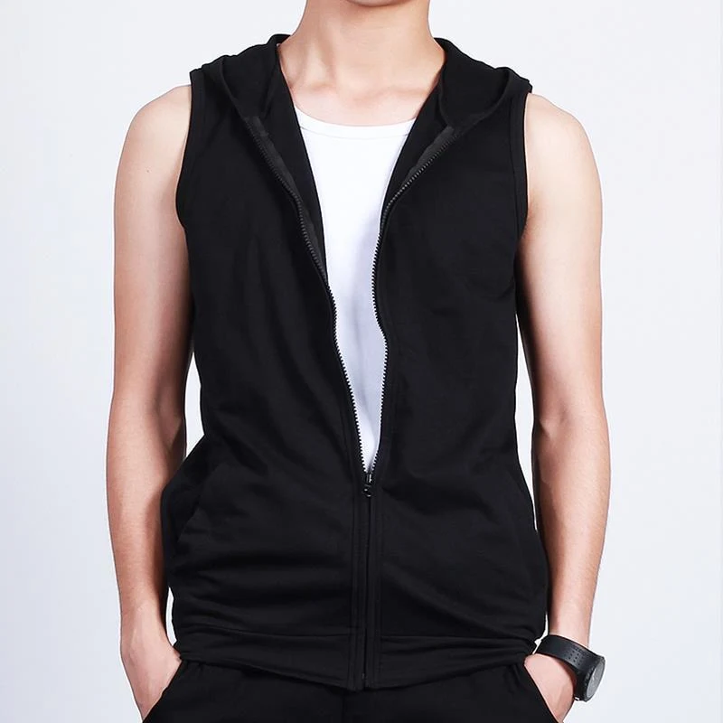 Colete masculino sem mangas com capuz em cor sólida. Conforto e estilo casual para sobreposições perfeitas, versátil e fácil de combinar. — foto 2