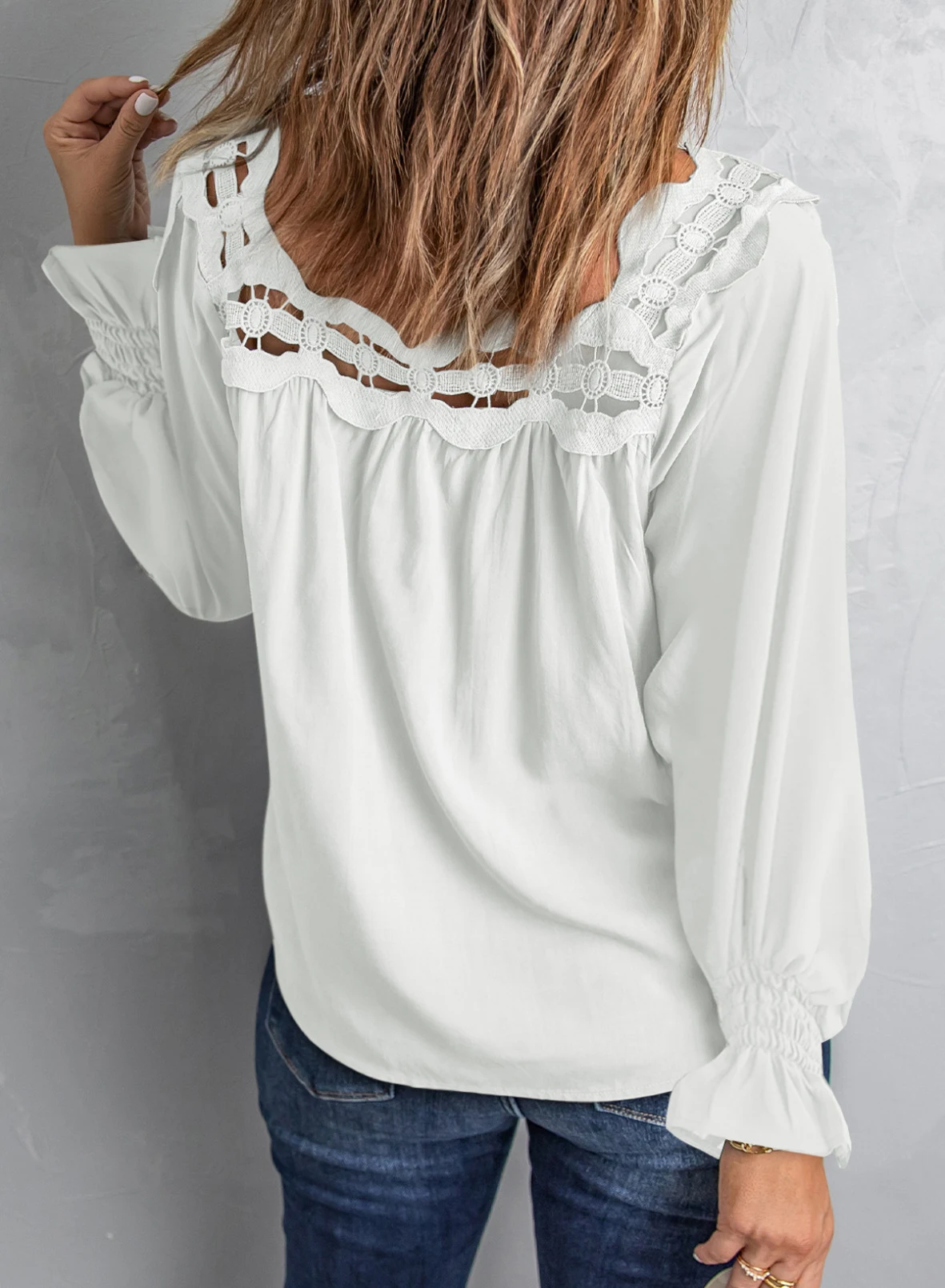 Title 6, Solid Color Loose Pullover Shirt Hollow Lace Sq...