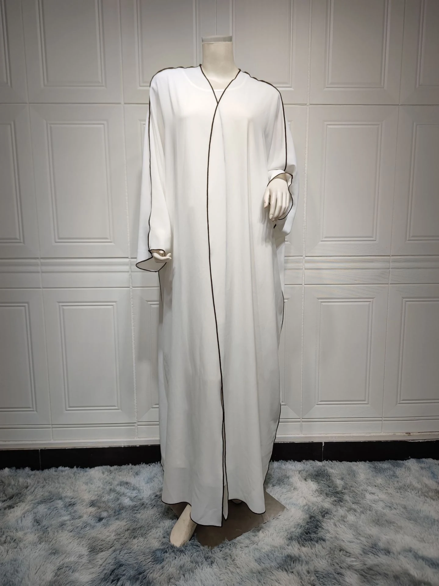 Abaya Robe Plus Size Feminina Branca Patchwork Vestido Amplo Confortável Perfeito para Ocasiões Especiais e Uso Diário Manga Longa — foto 10