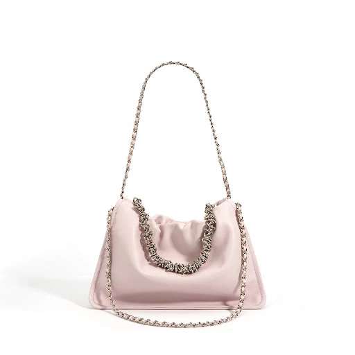 Title 5, Genuine Leather Chain Pleated Cloud Bag. Elegan...