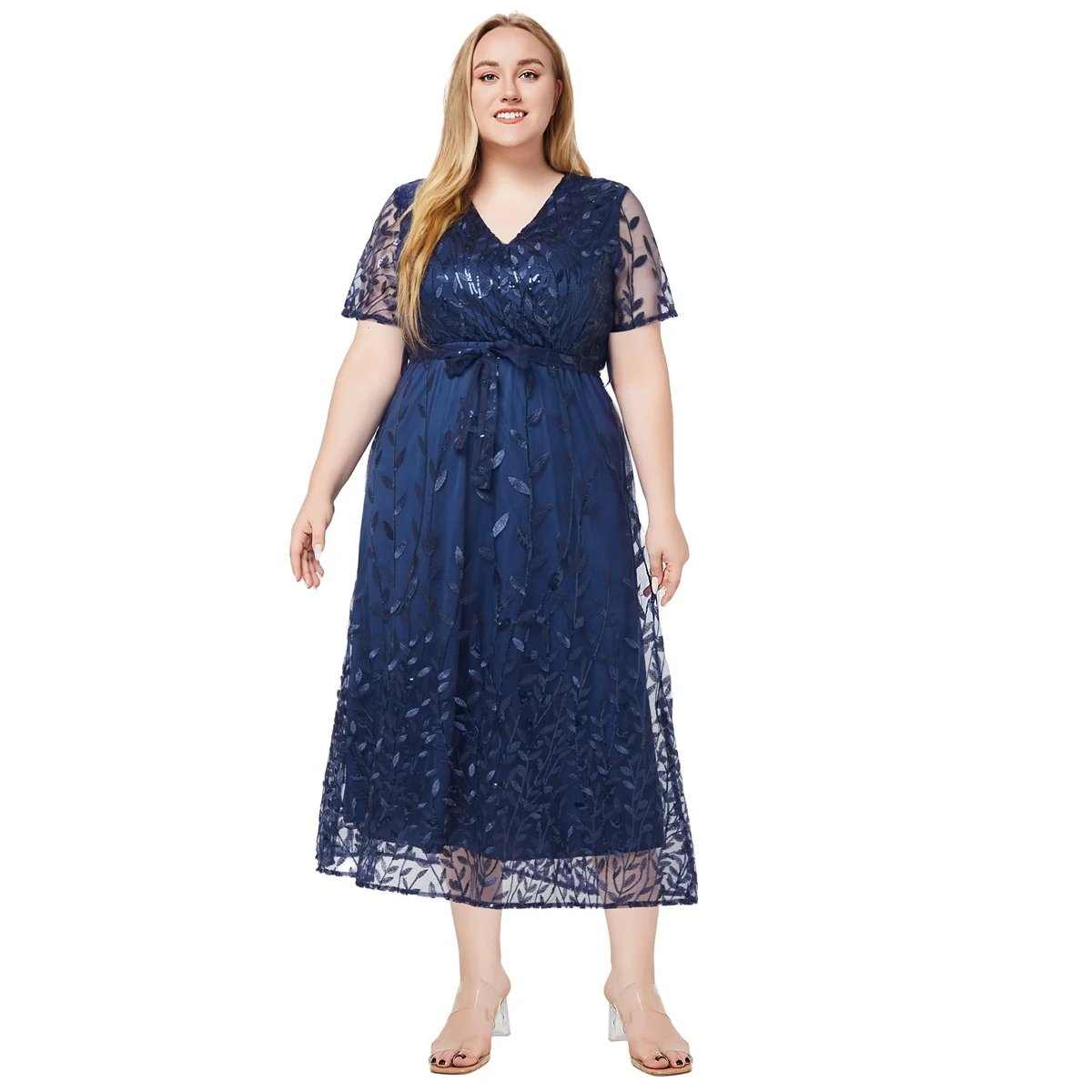 V-neck Short Sleeve Sequin Embroidery Bridesmaid Dress — photo 4