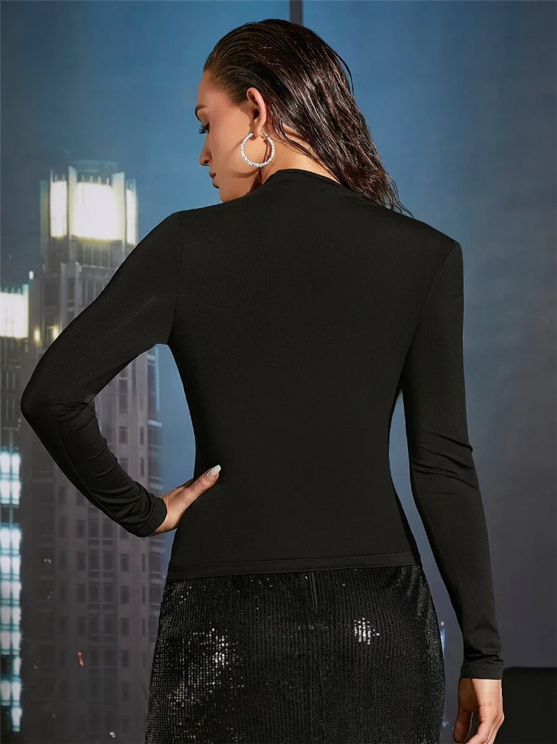 Title 7, Asymmetric Neckline Pleated Side Long Sleeve T-...