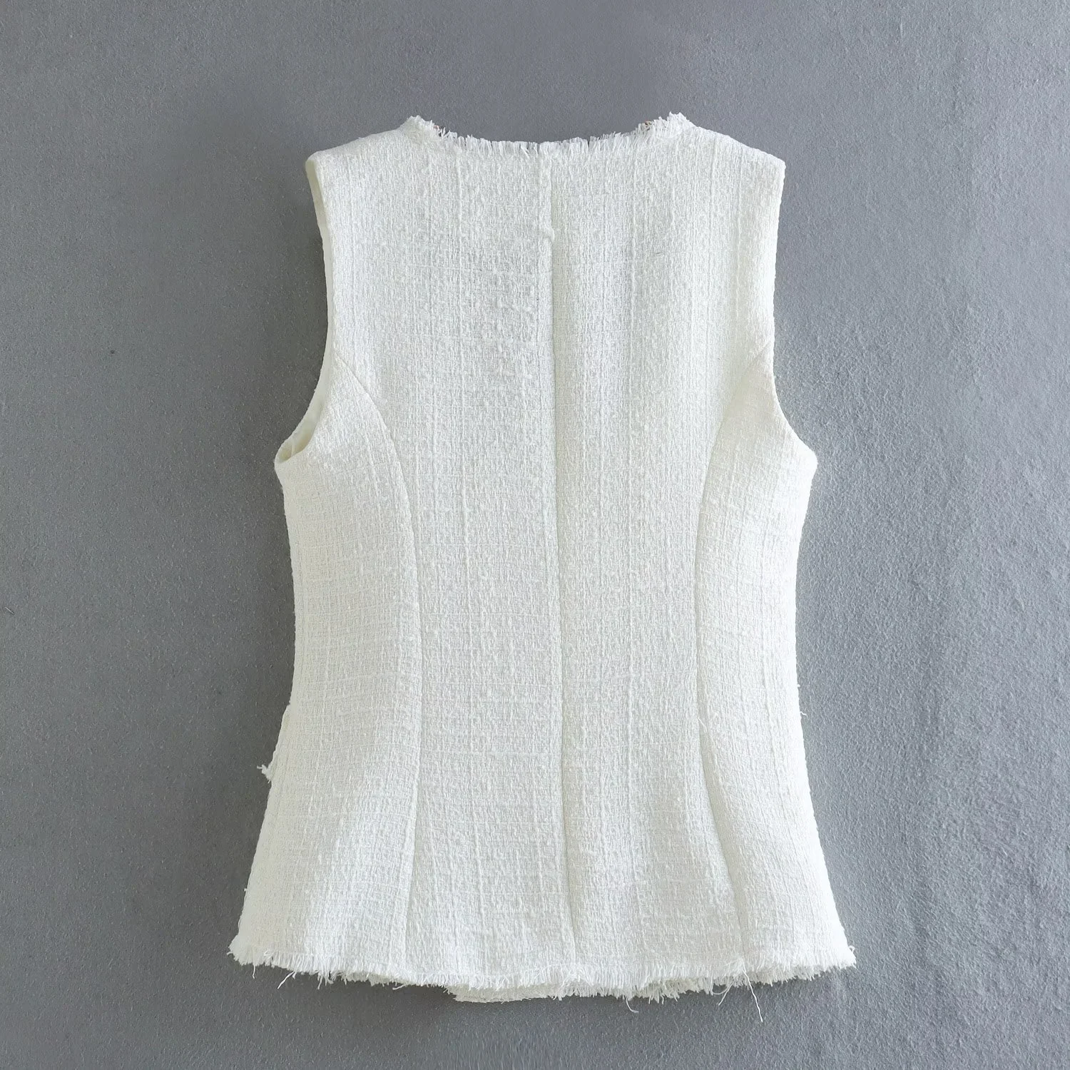 Title 8, U-collar solid color frayed double breasted ves...