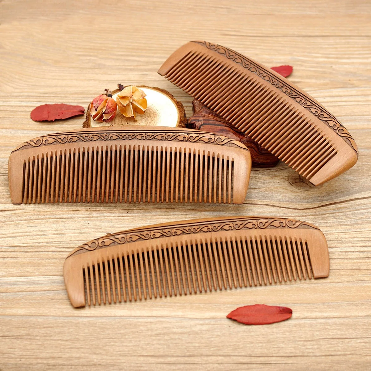 Title 2, Carving series peach wood comb for gentle detan...