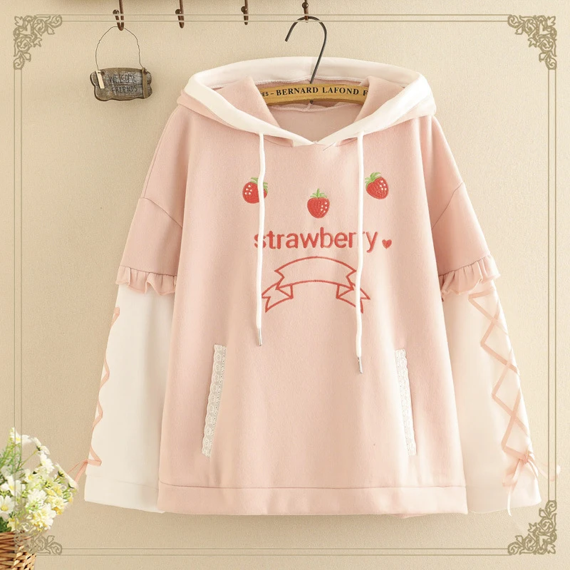 Sudadera con capucha holgada de manga de encaje y forro de terciopelo cálido para mujer, comodidad y abrigo en un diseño elegante. — foto 7