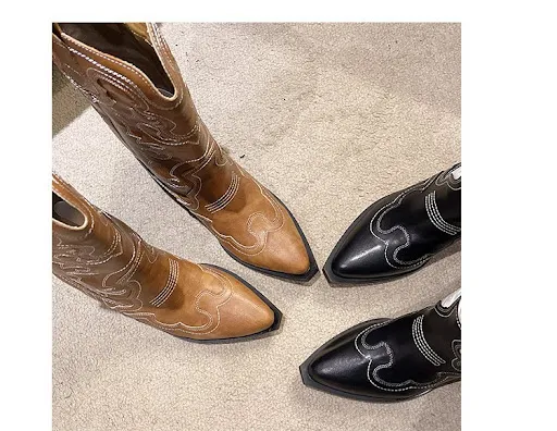 Title 14, Botas longas femininas western retrô de bico fi...