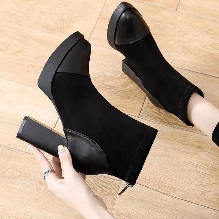 Title 4, Patchwork pointed-toe high heel short boots wit...