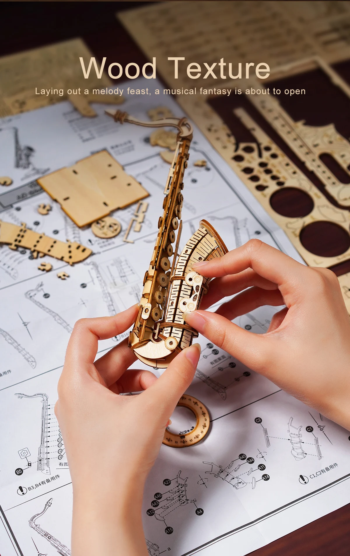 Robotime 4 Kinds 3D Musical Instrument Wooden Puzzle DIY Game Assembly Saxophone Drum Kit Accordion Cello Toy Gift for C — photo 11
