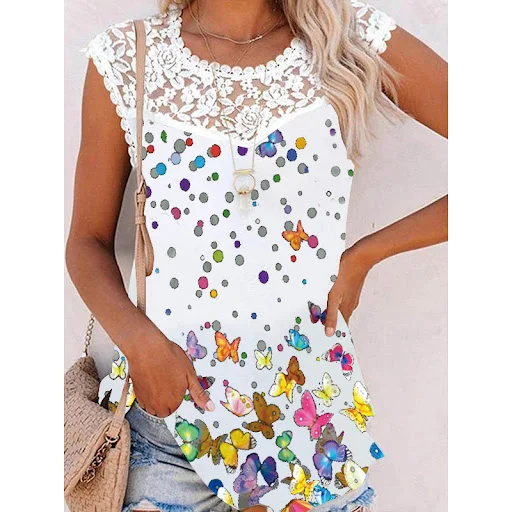 Title 12, Summer Print Crew Neck Lace Trim Casual Loose W...