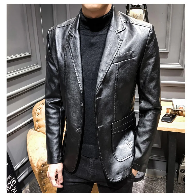 Jaqueta de couro masculina coreana slim fashion, terno moderno, caimento perfeito e design elegante. Ideal para um visual sofisticado. — foto 6