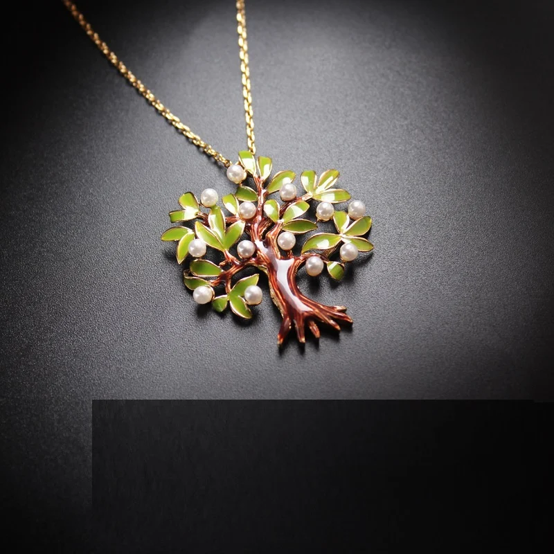 Colar Longo Dourado 18K com Pingente de Árvore Verde Esmaltada Corrente Decorativa para Camiseta Brilhante Feminina — foto 12