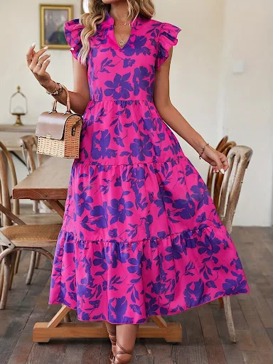 Title 9, Ruffled Vacation Style Sleeveless Printed Dress