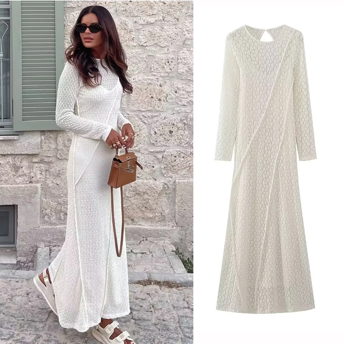 Title 2, Fashion Round Neck Long Sleeve Hollow Dress