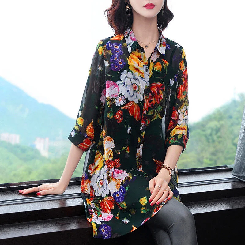 Title 2, Vintage colorful printed lapel high low chiffon...