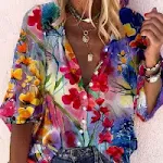 Top da donna a maniche lunghe con scollo a V e stampa floreale 3D. Raffinato e confortevole, perfetto per un look femminile e alla moda. — foto 1