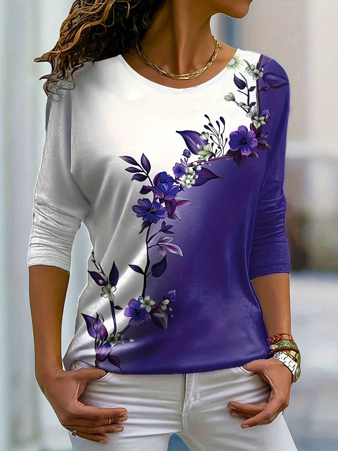 Vestido casual de manga larga con estampado floral multicolor y cuello redondo, ideal para el día a día, cómodo y elegante. — foto 10
