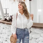 Lapel long sleeve embroidered floral shirt. Stylish and comfortable for any occasion. Elegant floral design. A timeless — photo 1