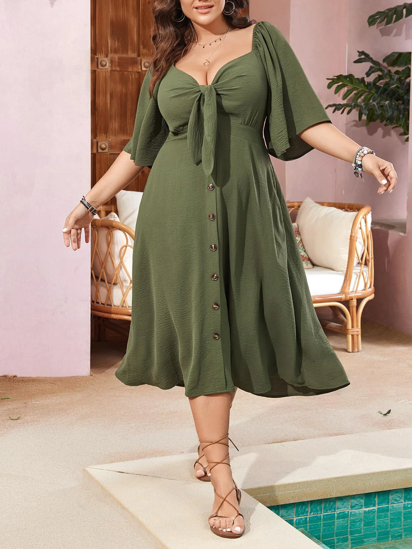 Title 6, Womens Fashion Bowknot V-neck Short Sleeve Dress