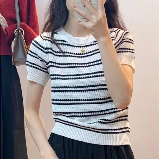 Title 2, Short Sleeve Classic Style Striped Sweater Thin...