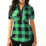 Summer Women's Lace-up Short-sleeved Plaid Shirt — photo 4
